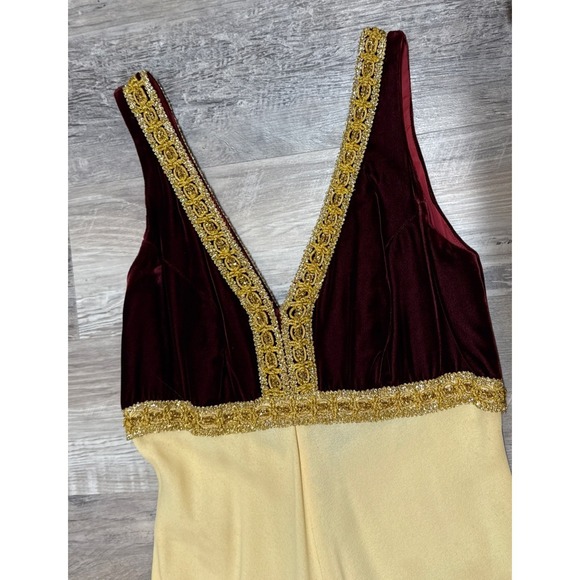 Vintage 70s Palazzo Jumpsuit Velvet Bodice Gold Trim Wide Leg Disco Boho Glam - Picture 3 of 16
